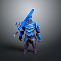 3D Fantasy Warrior Character With Intricate Blue Armor Holding Ornate Blue Sword Standing Pose