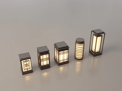 Stylish Outdoor Lights with Various Lantern Designs and Illuminated Warm Glow 3d model