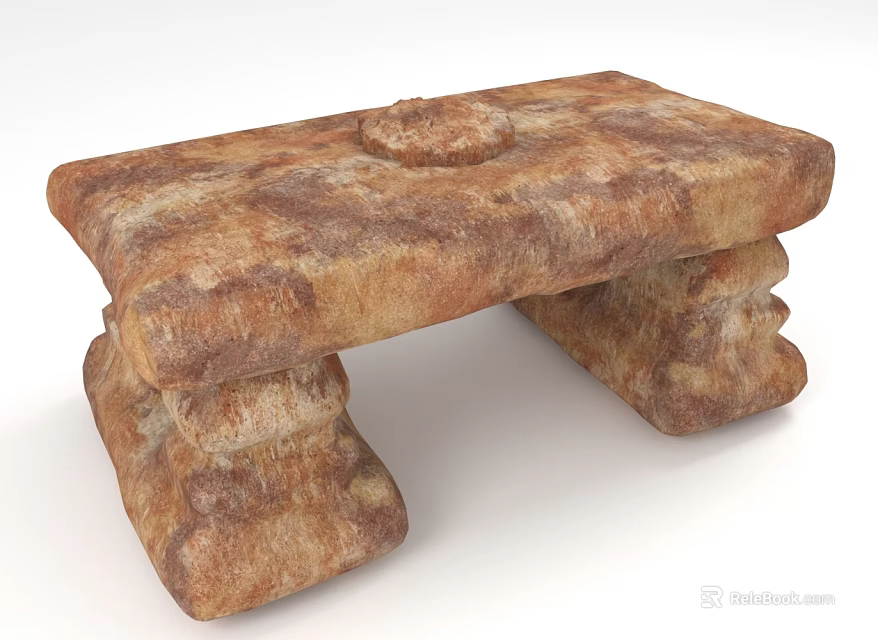 Natural Texture Stone Bench With Circular Top Decoration And Sturdy Stone Legs 3d model 