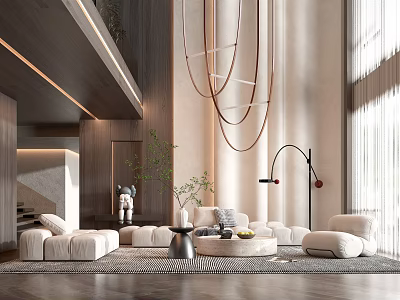 Modern Duplex Living Room With High Ceiling Large Windows Circular Chandelier And Neutral Sofa 3d model