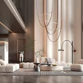Modern Duplex Living Room With High Ceiling Large Windows Circular Chandelier And Neutral Sofa