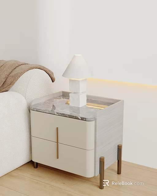 White Table Lamp with Square Base on Marble Nightstand Beside White Sofa and LED Strip 3d model 