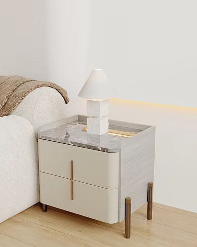 White Table Lamp with Square Base on Marble Nightstand Beside White Sofa and LED Strip 3d model