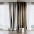 Sheer White And Brown Gray Curtains For Window With View And Potted Plant On Sill