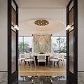 Luxury Private Dining Box Interior With Round Table Chandelier And Garden View