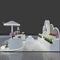 Flower Shop Interior With White Decorative Stands And Assorted Floral Displays