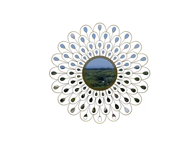 Peacock Shaped Decorative Mirror With Circular Center And Blue Black Green Feather Accents 3d model