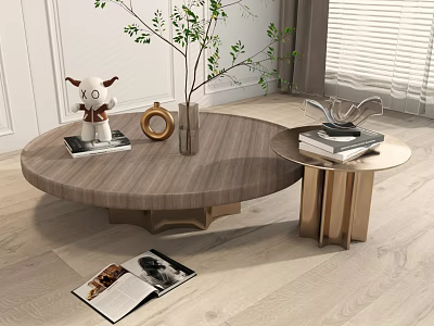 Modern Round Wooden Coffee Table With Green Plant Books And Gold Decorations 3d model