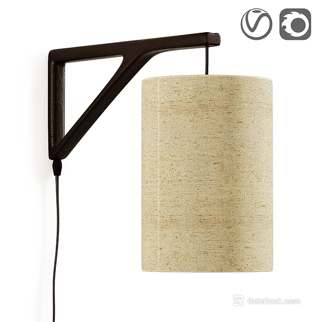 Modern Wall Lamp With Wooden Triangular Bracket And Beige Fabric Shade 3d model 