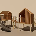 Outdoor Wooden Elevated Playground Equipment With Two Playhouses Slide Stairs Railings
