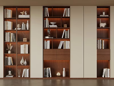 Elegant Wooden Bookshelves With Books Decorative Items And Warm Lighting In Modern Room 3d model