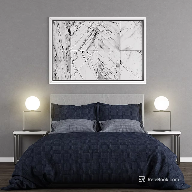 Double Bed With Dark Blue Bedding And Bedside Table Lamps In Minimalist Bedroom 3d model 