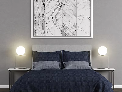Double Bed With Dark Blue Bedding And Bedside Table Lamps In Minimalist Bedroom 3d model