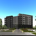 Modern Multistory Residential Building With Glass Facade Green Trees And Landscaped Courtyard