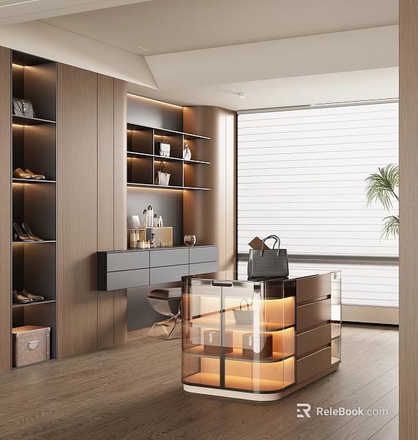 Modern Walk-in Closet Open Design Wooden Shelves Glass Cabinets Drawers Shoes Bags Lighting And Plant 3d model 
