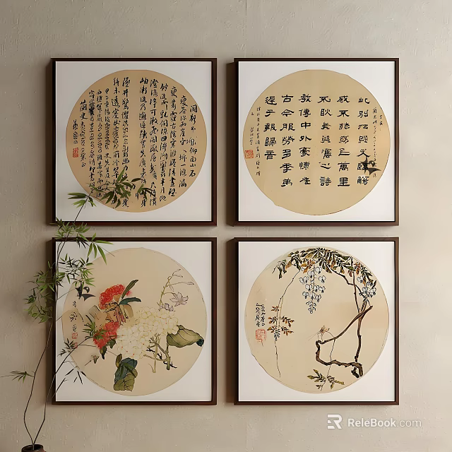 Traditional Chinese Round Frame Paintings With Calligraphy Flower And Bird Wall Decor Artworks 3d model 