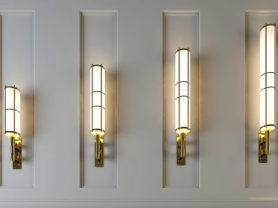 Modern Wall Lights With Brass Finish And White Shades On White Paneled Walls 3d model
