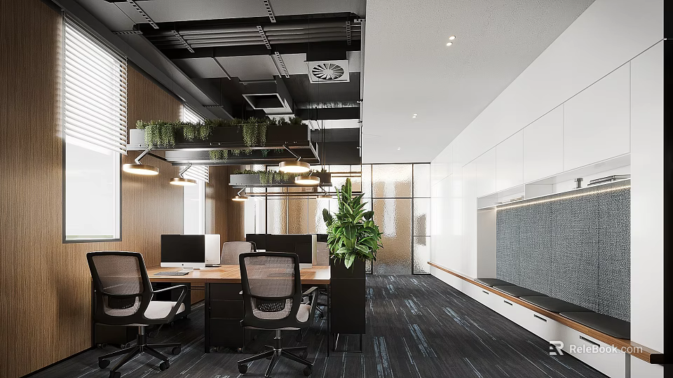 Modern Office Interior With Workstations Ergonomic Chairs Green Plants And Ceiling Lighting 3d model