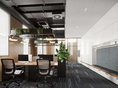 Modern Office Interior With Workstations Ergonomic Chairs Green Plants And Ceiling Lighting 3d model