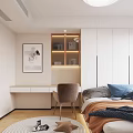 Modern Tatami Bedroom Interior with Tatami Bed Wardrobe Desk and Wall Art