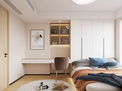 Modern Tatami Bedroom Interior with Tatami Bed Wardrobe Desk and Wall Art 3d model