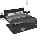 Double Bed with Black Leather Headboard Gray Bedding Nightstands and Lamps on Rug with Cushion