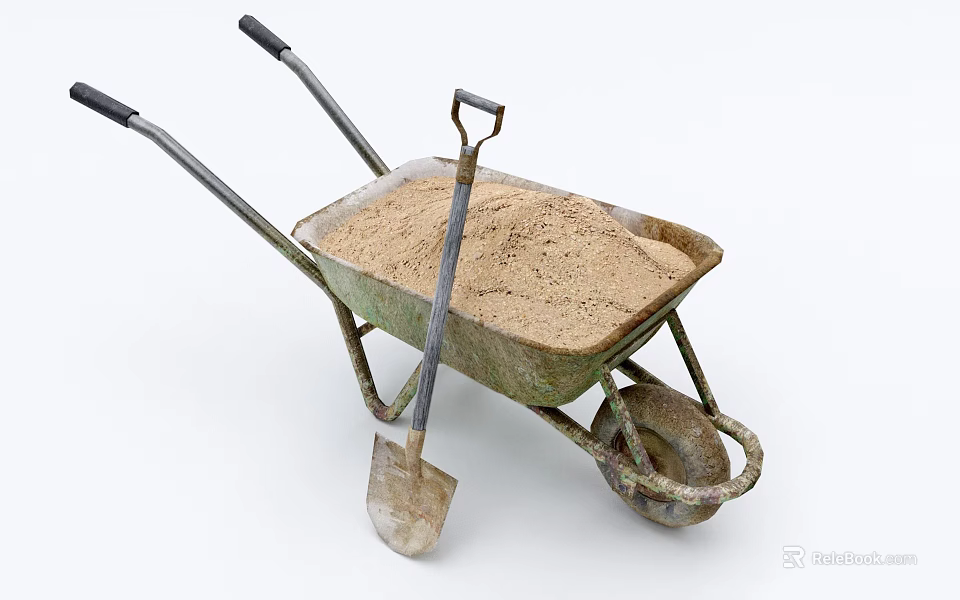 Rusty Wheelbarrow Loaded With Sand And Shovel For Construction Work 3d model