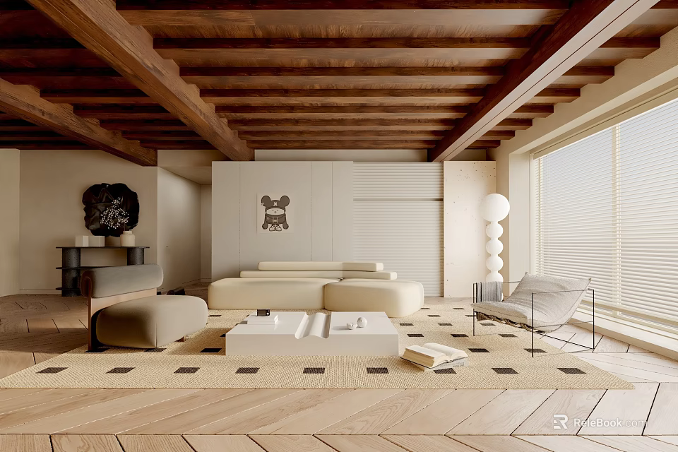 Minimalist Living Room Interior With Wooden Ceiling Beige Sofa Geometric Rug And Artwork 3d model 