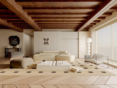 Minimalist Living Room Interior With Wooden Ceiling Beige Sofa Geometric Rug And Artwork 3d model