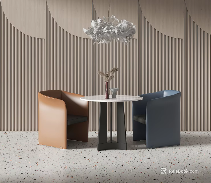 Leisure Sofa Set With Brown Blue Armchairs Round White Table Vertical Striped Curved Wall 3d model 