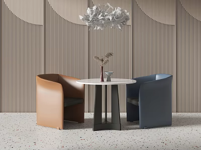 Leisure Sofa Set With Brown Blue Armchairs Round White Table Vertical Striped Curved Wall 3d model