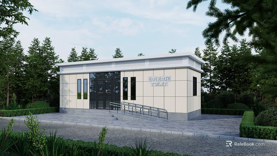 Public Restroom Building With White Exterior Glass Door Wheelchair Ramp Surrounded By Trees And Greenery 3d model 