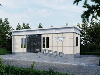 Public Restroom Building With White Exterior Glass Door Wheelchair Ramp Surrounded By Trees And Greenery 3d model