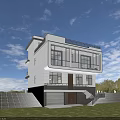 Modern Detached Villa Two Story Design With Large Glass Windows Balcony Staircase And Grass Lawn