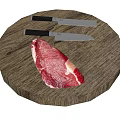 Fresh Raw Beef Steak On Round Wooden Cutting Board With Two Knives