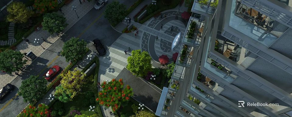 Elegant Plaza Landscape With Lush Greenery Paved Walkways Decorative Ground Patterns And Surrounding Buildings 3d model 