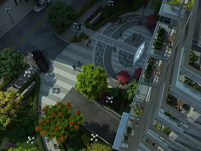 Elegant Plaza Landscape With Lush Greenery Paved Walkways Decorative Ground Patterns And Surrounding Buildings 3d model