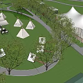 Aerial Planning of Outdoor Campsite Featuring Tents Green Lawn Trees and Walkways