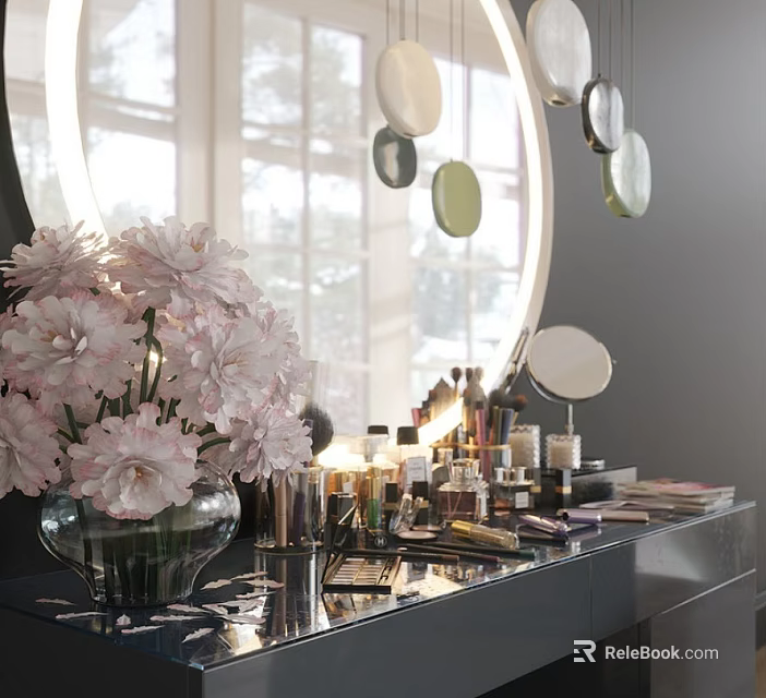 Perfumes And Cosmetics On Dressing Table With Pink Flowers Round Mirror And Hanging Decorative Circles 3d model 