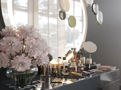 Perfumes And Cosmetics On Dressing Table With Pink Flowers Round Mirror And Hanging Decorative Circles 3d model