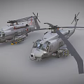 Two Gray Military Helicopters With Rotors And Detailed Equipment On