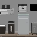 Modern Office Appliances Collection Featuring Wall Mounted Printers And Upright Shredders For Workplace Use