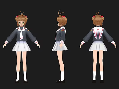 Game and Movie Character Brown Short Hair Red Bow School Uniform White Skirt Three Views 3d model