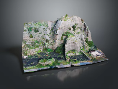 Scenic 3D Rock Formation With Green Vegetation Layered Rocks And Water Area 3d model