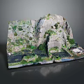 Scenic 3D Rock Formation With Green Vegetation Layered Rocks And Water Area