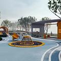 Children's Play Area With Green Lawn Circular Paths Yellow Slide And Play Structures