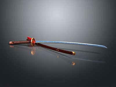 Japanese Katana Sword with Red Decorated Handle Brown Scabbard and Silver Blade on Black Background 3d model