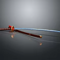 Japanese Katana Sword with Red Decorated Handle Brown Scabbard and Silver Blade on Black Background