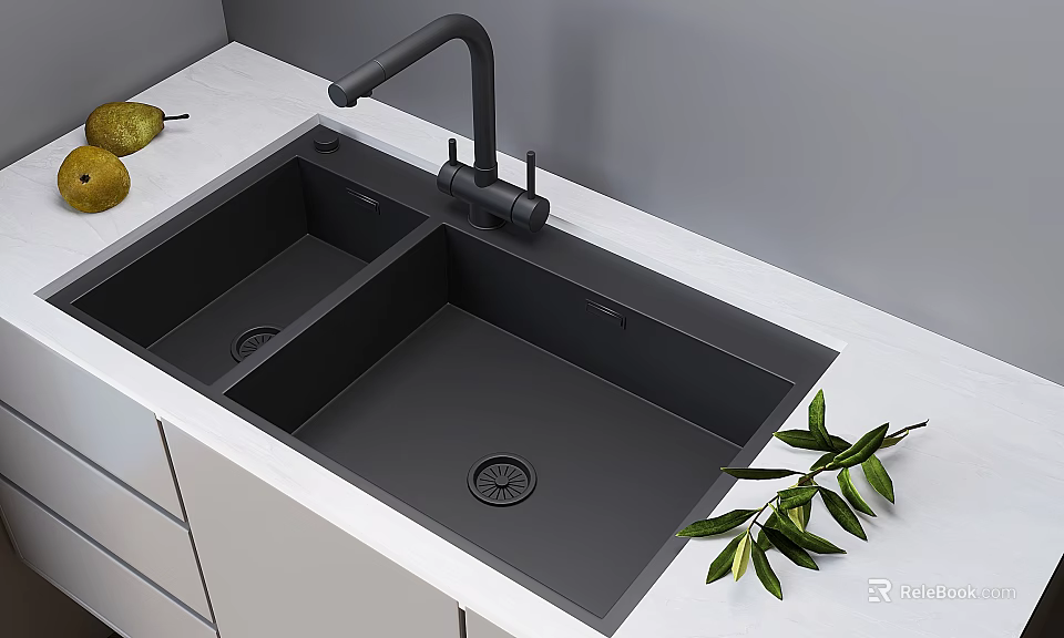 Modern Kitchen Black Faucet With Double Bowl Sink On White Countertop And Gray Cabinets 3d model 