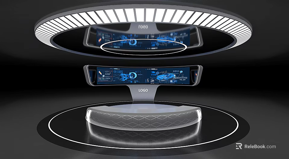 Modern Hi Tech Exhibition Booth With Digital Screens Data Displays And Circular Lighting 3d model 